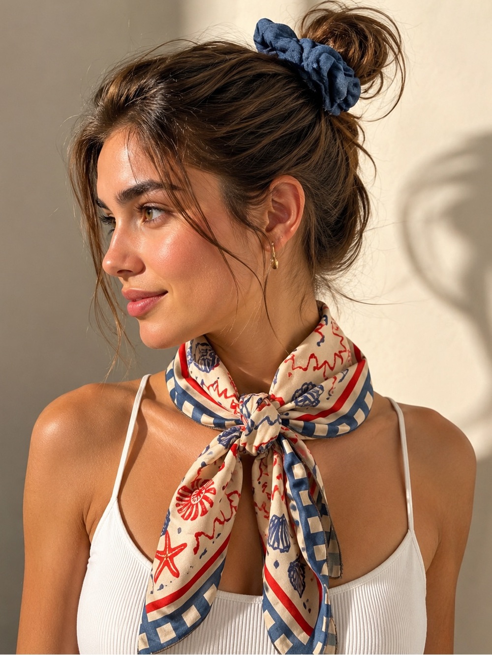 Universal Thread Blue Scrunchie with Nautical-Print Cream & Blue Scarf